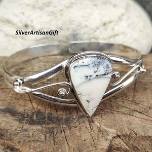 Handmade Dendritic Opal Bangle: 925 Sterling Silver Pear Gemstone