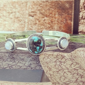 Tibetan Turquoise Bangle, moonstone Bangle, 925 Sterling Silver Bangle, Turquoise Bracelet , Handmade Bangle, Moonstone Bracelet,....