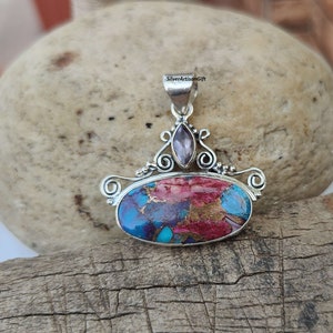 Pink Oyster Copper Turquoise .925 Sterling Silver Pendant