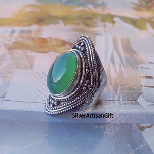Natural Green Onyx Ring, Handmade Ring, Boho Ring, 925 Sterling Silver, Gift for Sister, Oval Onyx Designer Ring, December Birthstone Ring**