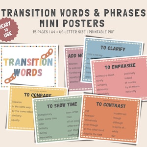 Mini posters mots et phrases de transition, décoration de salle de classe d&#39;anglais moderne, lycée, oeuvre d&#39;art mural collège