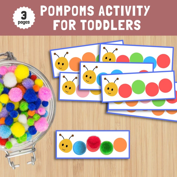 Color Activity with Pompoms and Fine Motor Skills Worksheet for Toddlers and Perschoolers