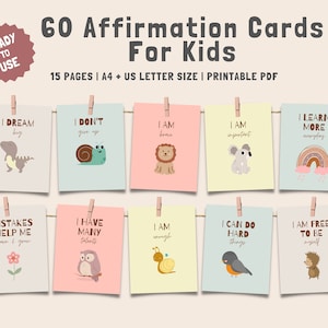60 bevestigingskaarten voor kinderen, motiverende kaarten, digitale download, digitale download, aanmoedigingskaarten voor kinderen, montessori-flashkaarten