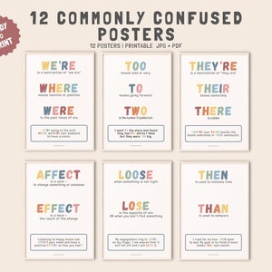 English Teacher Classroom Poster Set Of 12, Commonly Confused Words Poster Set, Middle High School, Homophones Printable, Grammer Poster