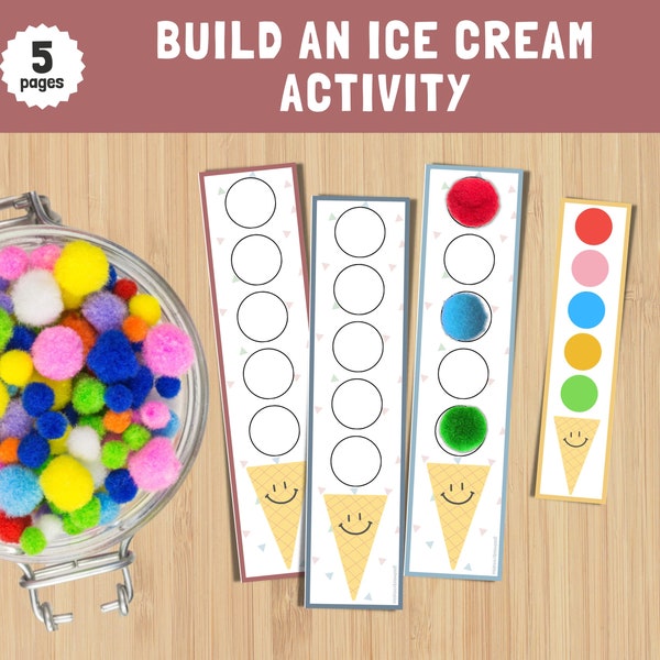 Build An Ice Cream With Pompoms, Fine Motor Skills, Game for Toddlers, Montessori Activities, Printables for Kids, Homeschool Resources