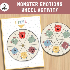 Può includere: Un'attività di ruota delle emozioni dei mostri stampabile per bambini. La ruota ha sei sezioni con diversi volti di mostri che rappresentano emozioni come la felicità, la rabbia, la tristezza, la noia, la stanchezza e la calma. Il testo "I FEEL" è in cima alla ruota.