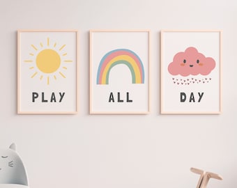 Play All Day Printable Set of 3, let's play sign, play sign room, play all day sign, kids wall decor, Nursery educational posters, lets play