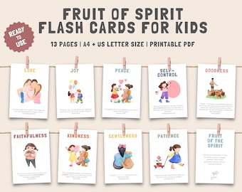 May include: Printable flash cards for kids featuring watercolor illustrations of the fruits of the spirit: love, joy, peace, self-control, goodness, faithfulness, kindness, gentleness, patience, and the fruit of the spirit. Each card includes a bible verse.