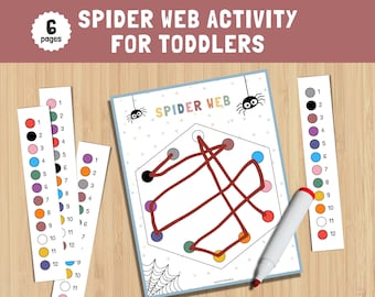 May include: A printable spider web activity for toddlers. The activity includes a spider web with 12 colored dots and a corresponding color key. The activity is designed to help toddlers learn colors and numbers.