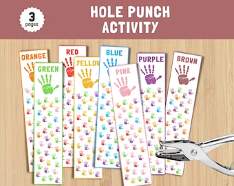 May include: A set of six printable activity sheets featuring handprint outlines in various colors, including orange, red, yellow, blue, purple, and brown. The sheets are designed for a hole punch activity, with the text "HOLE PUNCH ACTIVITY" at the top.