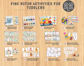 May include: A set of 22 printable fine motor activity cards for toddlers. The cards feature various themes, including monster emotions, numbers, shapes, transportation, ice cream, and hair ties. The cards are designed to help toddlers develop their fine motor skills and learn new concepts.