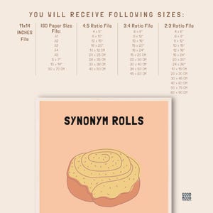 May include: A digital printable art print featuring a cartoon illustration of a cinnamon roll with the text "SYNONYM ROLLS" in black text on a peach background. The print is available in various sizes, including 11x14 inches, A1, A2, A3, A4, A5, 5x7 inches, 10x14 inches, and 50x70 cm.