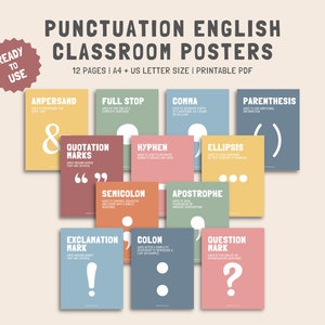Punctuation Posters Set of 12, English Classroom Posters, Classroom Decor, English Classroom Decor, Punctuation Educational Posters Bundle