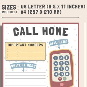 May include: A printable poster with the text "CALL HOME" in large, bold letters. The poster features a cartoon phone with a dial pad and a space to write down important phone numbers. The poster is decorated with colorful confetti and triangles.