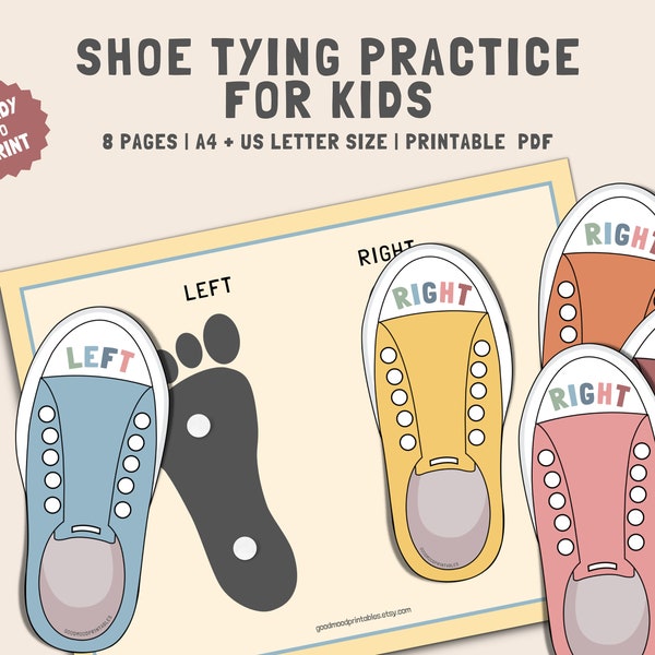 Shoe Tying Practice for Kids, Tie shoe laces, Busy Book Activity Pages, Montessori Kindergarten Learning, Fine Motor Skills