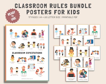 May include: A set of 17 printable classroom rules posters for kids. The posters feature colorful illustrations of children and text such as "No Hurting", "Be Curious", "Share", "Treat Property With Care", "Respect Teacher", and "Use Inside Voice".