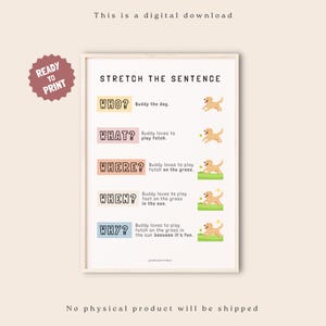 Op de afbeelding: Een digitale download print met de tekst "STRETCH THE SENTENCE" en illustraties van een hond die apporteert. De print bevat de tekst "READY TO PRINT" en de zin "This is a digital download."