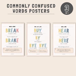 Puede incluir: Tres carteles enmarcados con el texto "COMMONLY CONFUSED WORDS POSTERS". Cada cartel contrasta un par de palabras comúnmente confundidas: "BREAK vs BRAKE", "BUY vs BY vs BYE" y "HEAR vs HERE". Las palabras están en texto colorido.