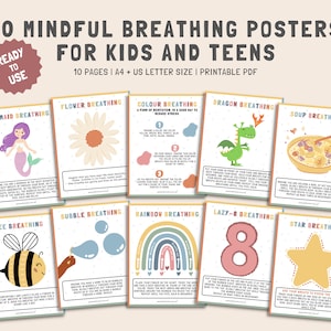 10 Mindful Breathing Posters Bundle for kids teens, Calm Down Corner Tools, School Counselor, Coping Skills, Breathing Posters