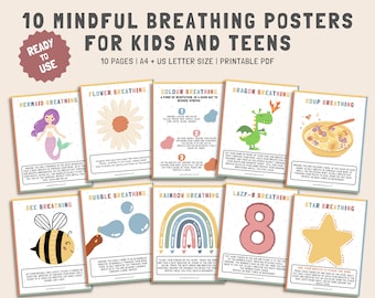 10 Mindful Breathing Posters Bundle for kids teens, Calm Down Corner Tools, School Counselor, Coping Skills, Breathing Posters