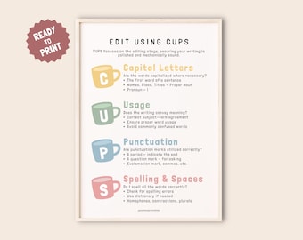 May include: A printable poster with a colorful design and the text "EDIT USING CUPS". The poster outlines four key areas of editing: Capital Letters, Usage, Punctuation, and Spelling & Spaces. Each area is represented by a colorful cup with a letter.