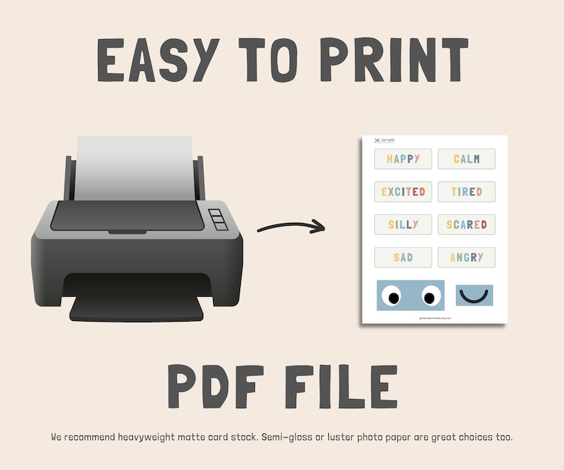 May include: A printable PDF file with a cartoon printer and a sheet of colorful emotion labels. The labels include words like "Happy", "Calm", "Excited", "Tired", "Silly", "Scared", "Sad", "Angry", and two smiley faces. The text "EASY TO PRINT" is at the top of the image and "PDF FILE" is at the bottom.
