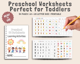 Preschool Worksheets 54 Pages, Pre-K + Kindergarten Learning Worksheets, Letter Recognition, Numbers, Counting, Math, Shapes, HOMESCHOOL