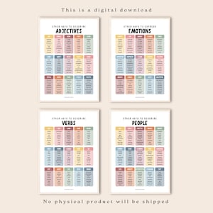 Op de afbeelding: Vier educatieve posters met lijsten van synoniemen voor bijvoeglijke naamwoorden, emoties, werkwoorden en mensen. Elke poster gebruikt een raster van pastelkleurige vakjes met zwarte tekst. De tekst luidt This is a digital download en No physical product will be shipped.