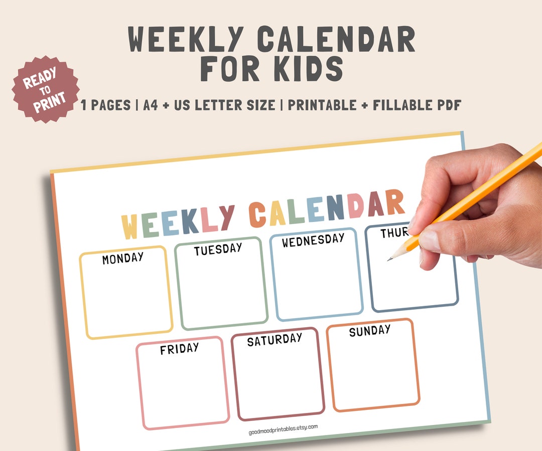 Weekly Calendar for Kids, Printable & Fillable Children's Weekly ...