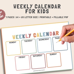 Calendario semanal para niños, planificador semanal para niños imprimible y rellenable, planificador de días de la semana, calendario imprimible, calendario Montessori imprimible