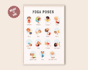 May include: A colorful printable poster with illustrations of children demonstrating different yoga poses. The poster includes the names of each pose, such as Butterfly, Scorpion, Warrior, Cobra, Frog, Boat, Camel, Crow, Plough, Bow, Triangle, Half Moon, Head to Knee, Tree, and Salutation Seat. The poster is titled "Yoga Poses".