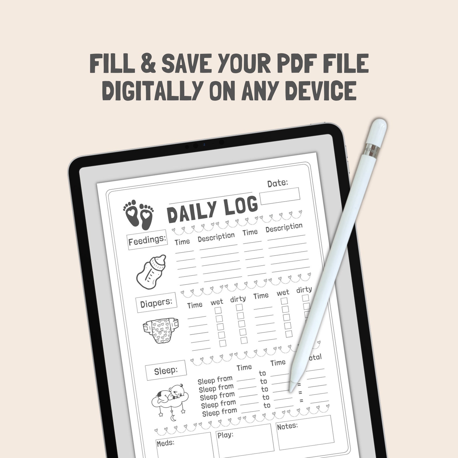 Infant Daily Log Printable & Fillable, Baby Daily Log, Baby Care