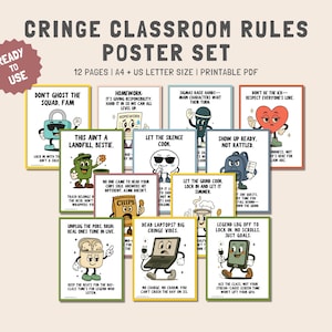 Puede incluir: Un conjunto de 12 carteles de reglas de clase con ilustraciones de dibujos animados y texto humorístico. Los carteles presentan frases como "Don't Ghost the Squad, Fam" y "Show Up Ready, Not Rattled". El conjunto incluye tamaños A4 y US Letter, y es un PDF imprimible.