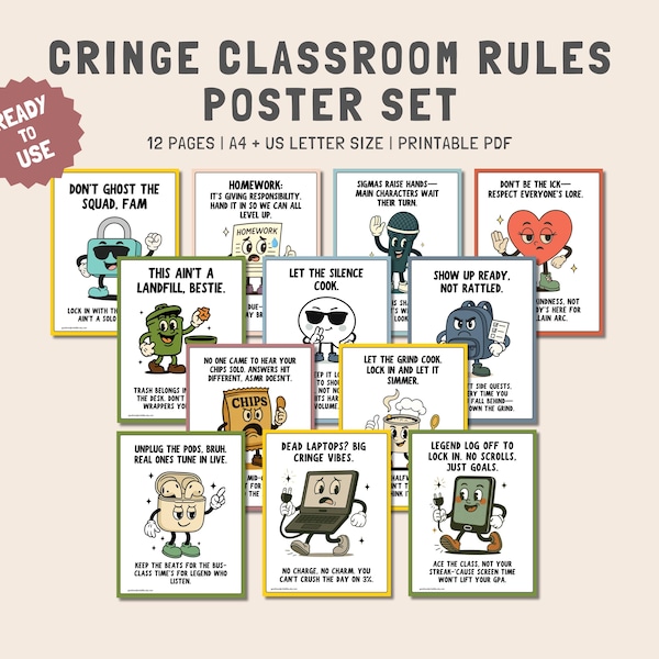 Funny Classroom Rules Poster Set | Gen Alpha Slang Decor for Middle School | Retro Cringe Classroom Management Signs for Teens | Gen Z Rules