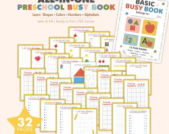 Toddler Educational Workbook | Printable Preschool Workbook, Tracing Pages, Matching Worksheets, Number Activities Counting Letters Shapes