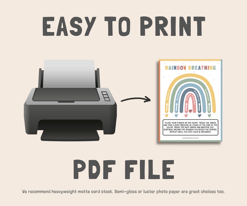 May include: A printable PDF file featuring a rainbow breathing exercise. The rainbow is made up of different colours and has arrows pointing up and down. The text "RAINBOW BREATHING" is at the top of the page.