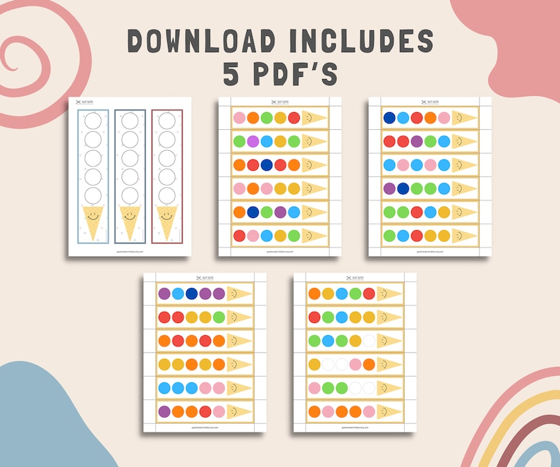 Puede incluir: Cinco p&aacute;ginas PDF imprimibles con dise&ntilde;os de conos de helado coloridos. Cada p&aacute;gina presenta un patr&oacute;n de color diferente de c&iacute;rculos con caras sonrientes. Las p&aacute;ginas est&aacute;n tituladas "Download Includes 5 PDF's".