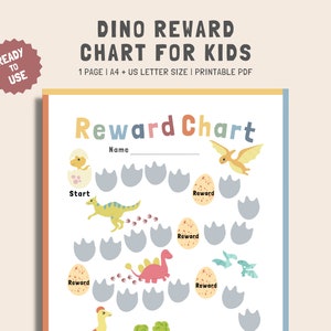 May include: A printable dinosaur reward chart for kids. The chart features a colorful dinosaur theme with a space for a child's name, a start point, and a series of reward spaces. The chart is designed to help children learn and grow.