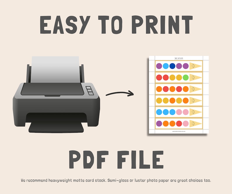 Puede incluir: Una ilustraci&oacute;n en blanco y negro de una impresora con una flecha que apunta a un archivo PDF imprimible. El archivo PDF muestra un conjunto de etiquetas imprimibles coloridas con una cara sonriente y un arco&iacute;ris de colores.
