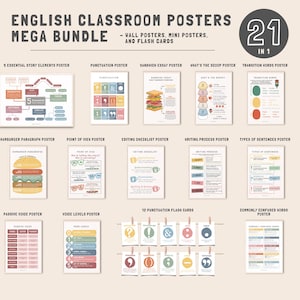 Englisch Klassenzimmer Poster Mega Bundle, modernes Englisch Klassenzimmer Dekor, Grund- und Mittelschule Wandkunst