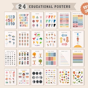 Set von Lernpostern, Montessori-Klassenzimmer Dekor, pädagogisches druckbares, neutrales Kinderdekor, Kleinkind-Spielzimmer-Dekor, Lerndruck-Set