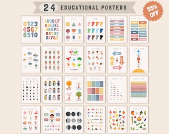 Conjunto de carteles educativos, decoración del aula Montessori, imprimible educativo, decoración neutral para niños, decoración de sala de juegos para niños pequeños, conjunto de impresión de aprendizaje