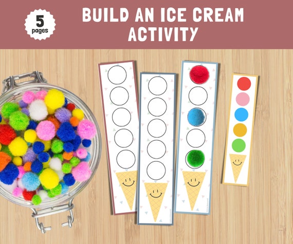 Build An Ice Cream With Pompoms, Fine Motor Skills, Game for Toddlers, Montessori Activities, Printables for Kids, Homeschool Resources