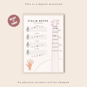 Póster de notas musicales para violín, lección de violín, valor de las notas musicales, educación musical, aula de música, póster de teoría musical, póster Montessori