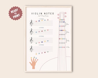 May include: Printable violin notes chart for first position. The chart shows the notes on each string of the violin, with a diagram of the finger placement on the neck of the violin.