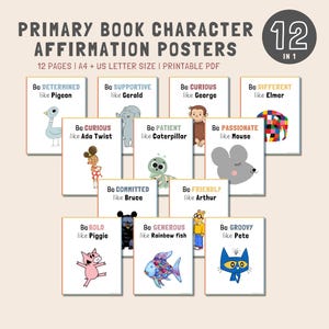 Pósters imprimibles con frases positivas de personajes favoritos de libros de primaria y pósteres para el aula.