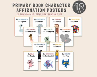 Pósters imprimibles con frases positivas de personajes favoritos de libros de primaria y pósteres para el aula.
