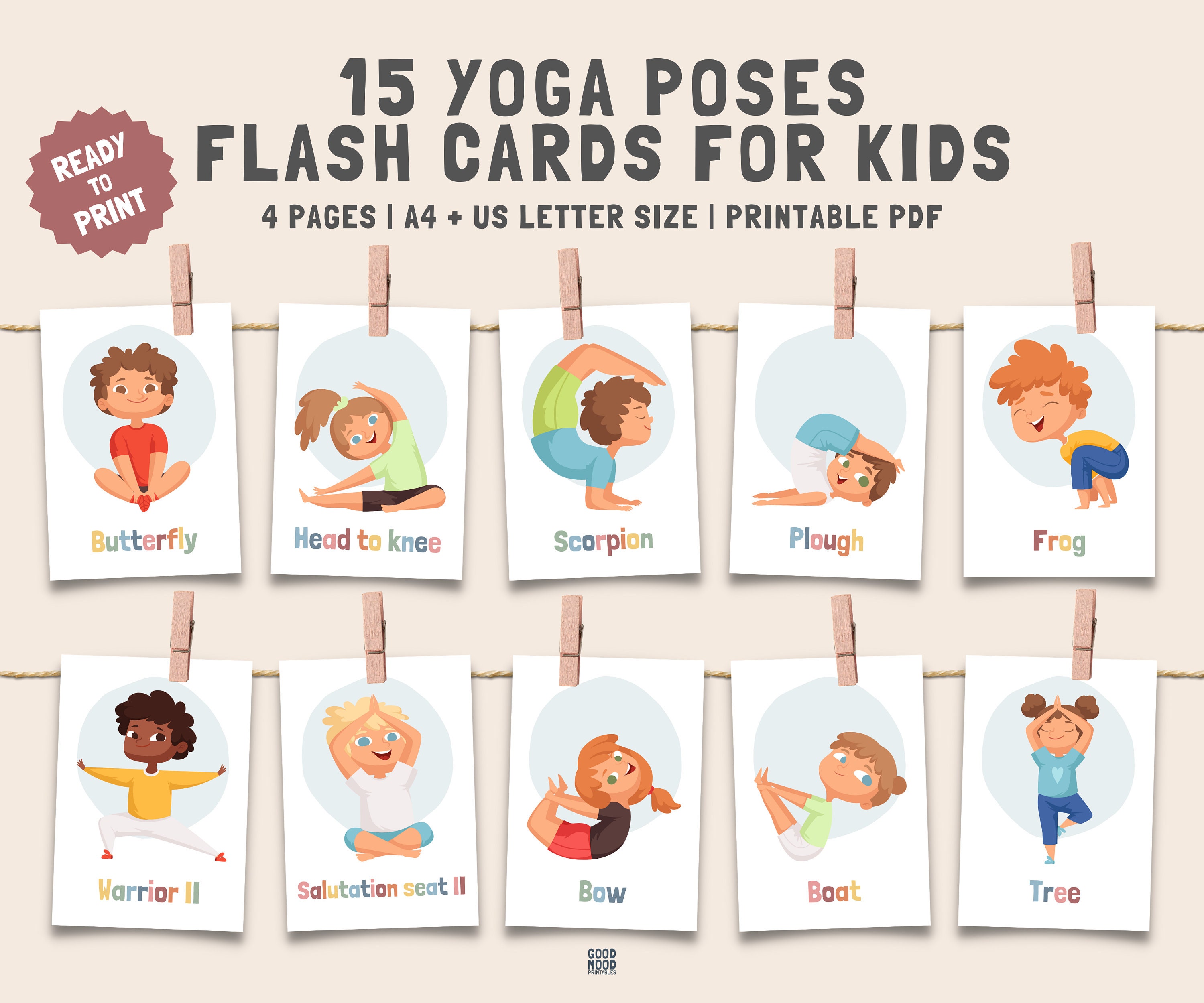 15 Yoga Flash Cards, Kids Yoga Cards, Children's Yoga Pose, Yoga Flashcards  for Kids, Yoga Pose Printable Cards, Montessori Flash Cards 