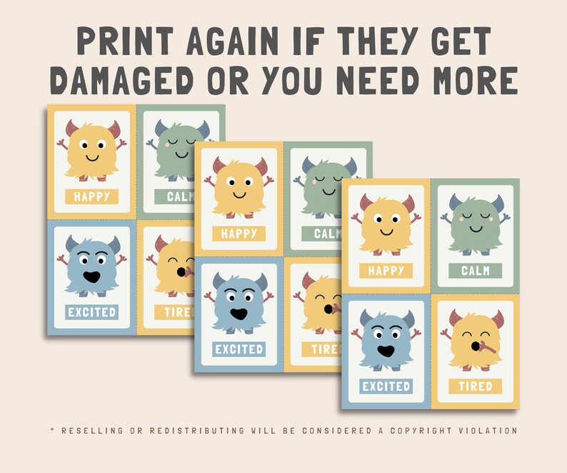May include: Set of 12 printable cards featuring colorful monster illustrations with different emotions: happy, calm, excited, and tired. Each card has a monster with a different expression and the corresponding emotion word below it.