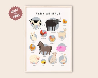 Farm Animals Educational Posters, Homeschool Preschool Downloadable Prints, Printable Montessori Materials, Homeschool Decor,Educational Art